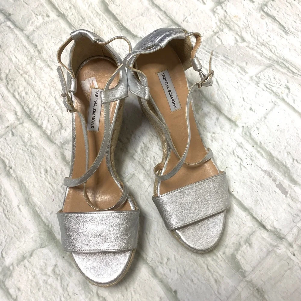 Tabitha Simmons Silver Espadrille Wedge Sandals